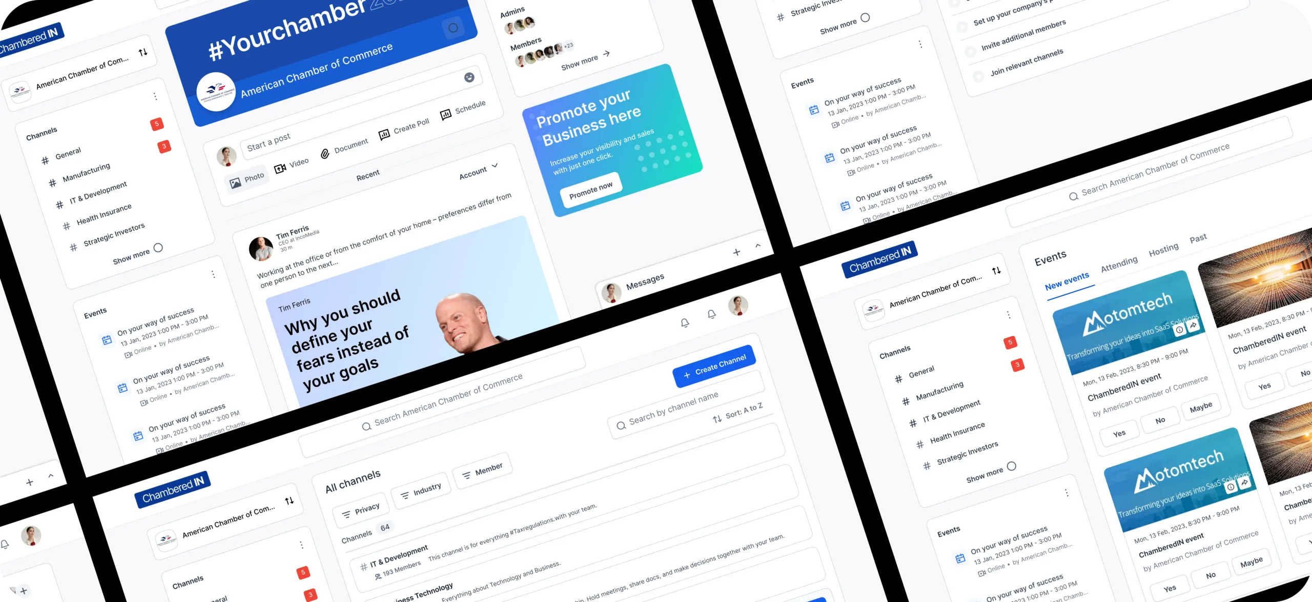 Tilted collage of Chamberedin networking platform dashboards with channels, posts, and events