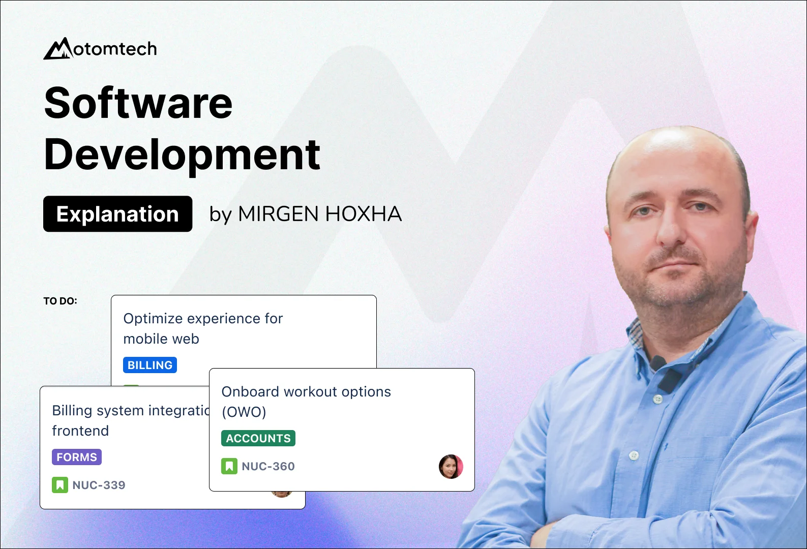 Software Development explanation banner with Mirgen Hoxha headshot and project task cards