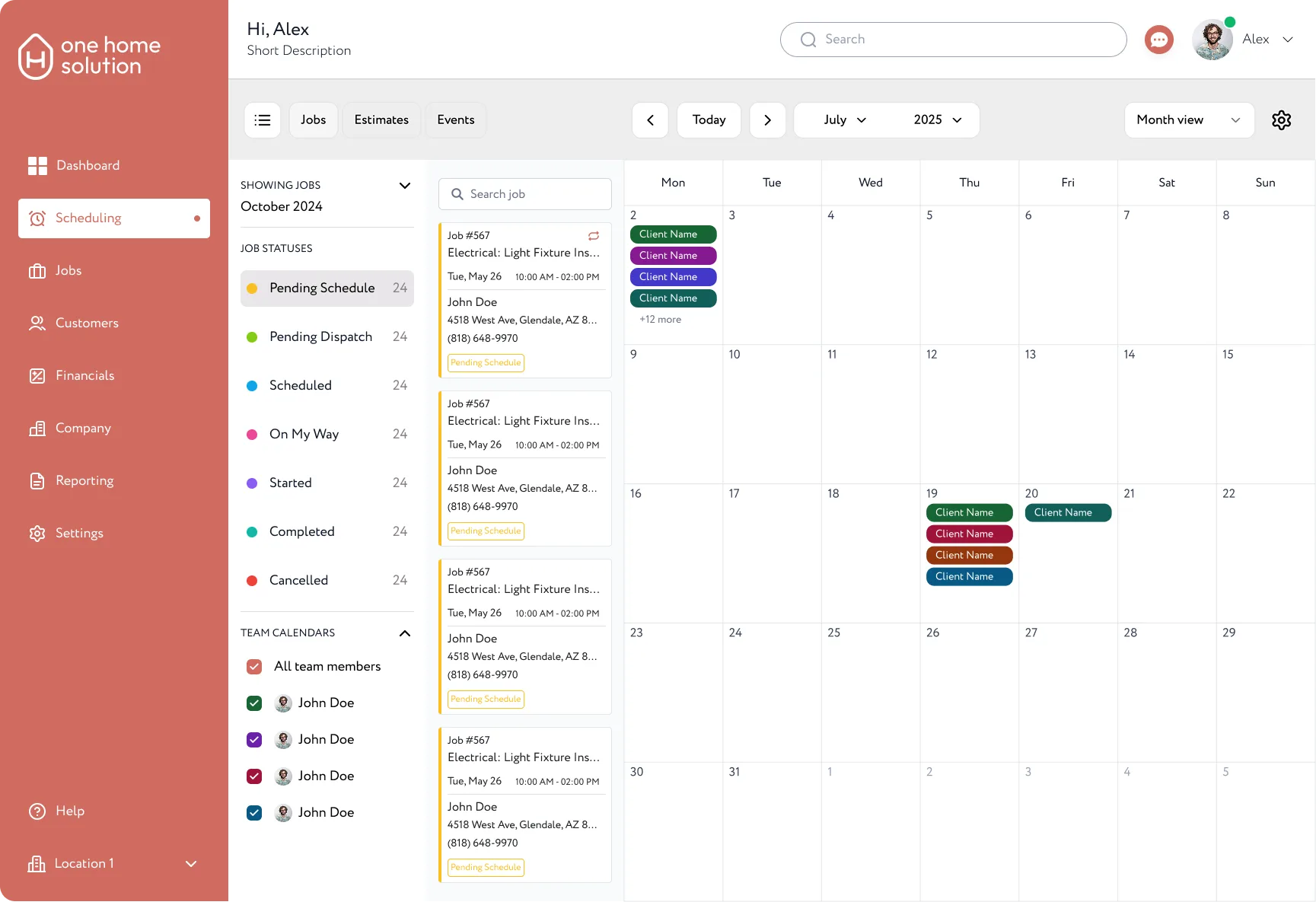 One Home Solution back-office dispatch and scheduling dashboard