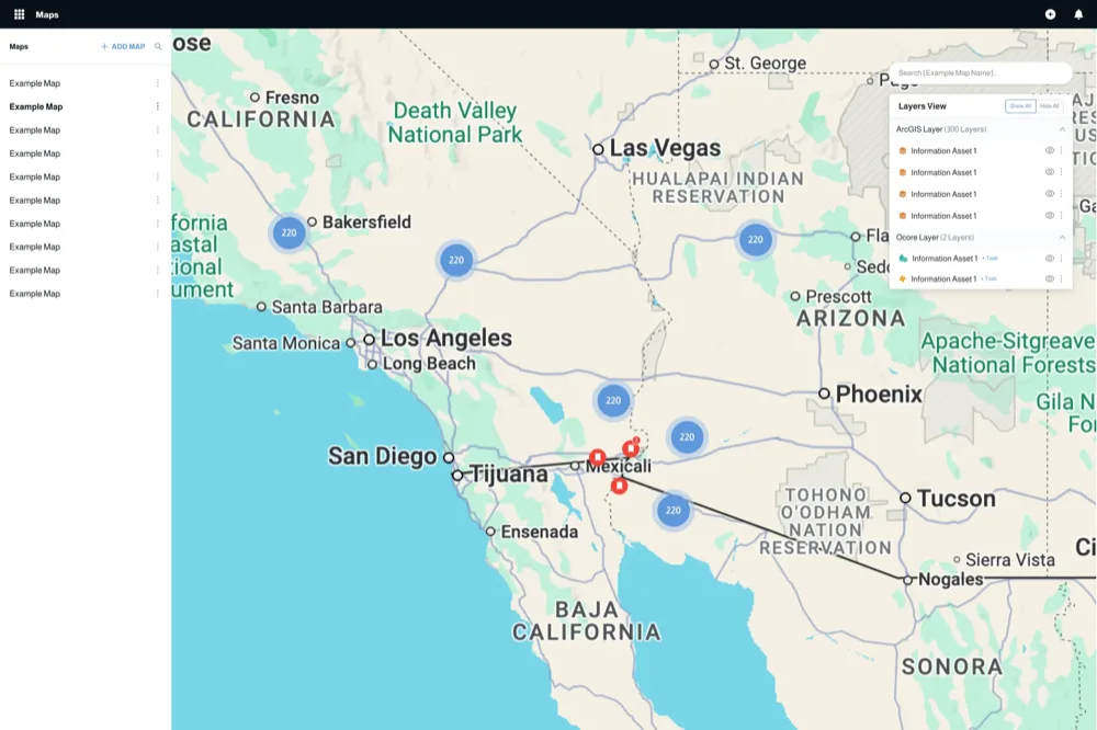 Ocore field-service platform showing an ArcGIS map with dispatched work-order locations