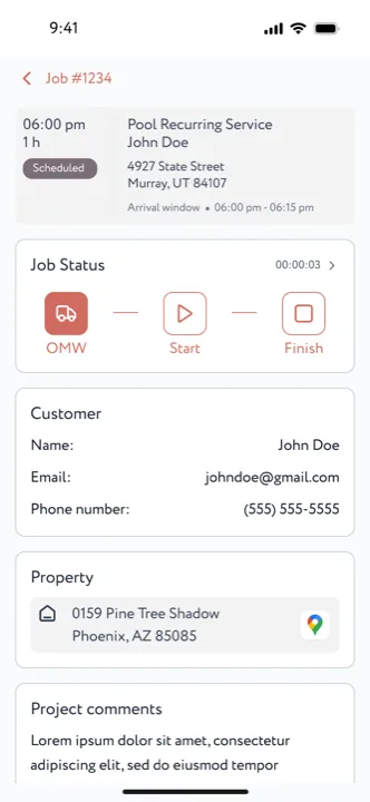 One Home Solution technician field app showing a scheduled job
