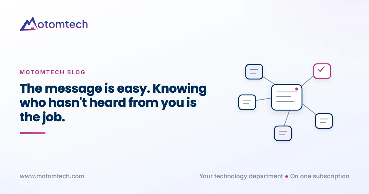 The message is easy. Knowing who hasn't heard from you is the job.. Motomtech blog cover.