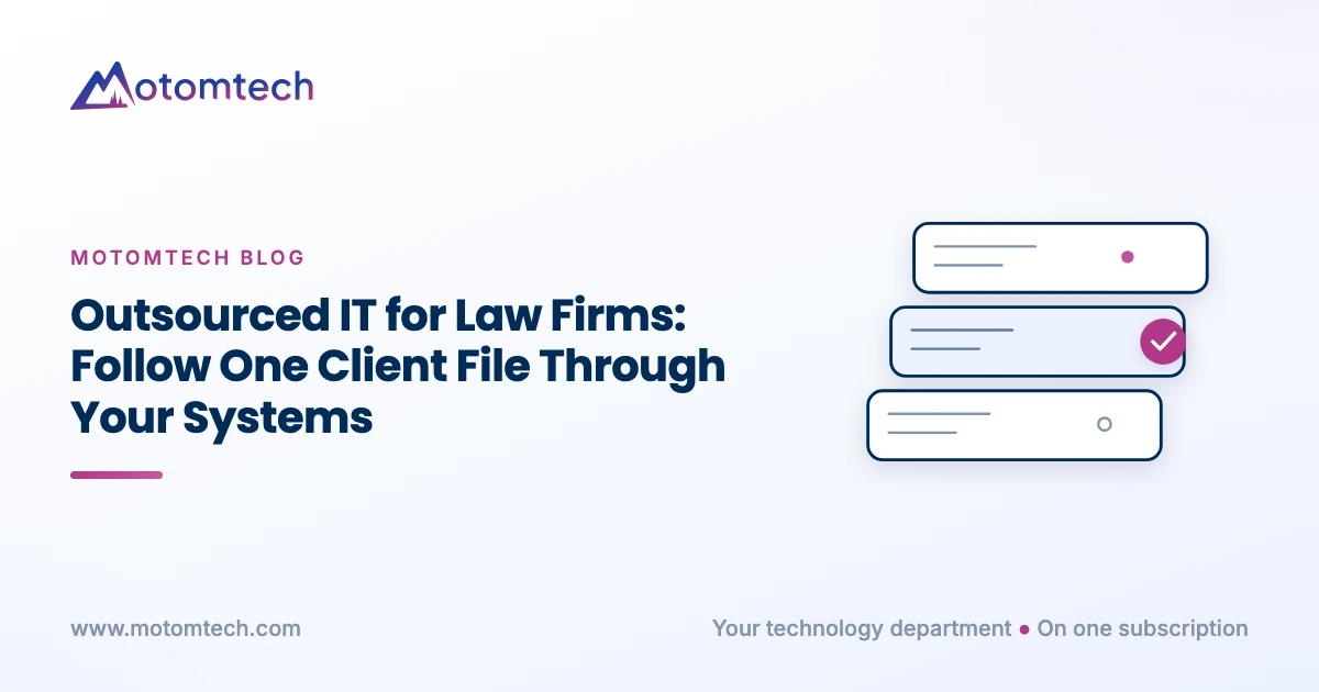 Outsourced IT for Law Firms: Follow One Client File Through Your Systems. Motomtech blog cover.